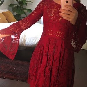 Free People Red Lace Bell Sleeve Dress